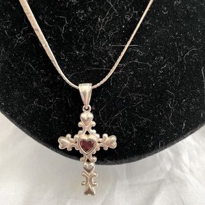 Sterling silver chain with sterling silver and garnet cross pendant
